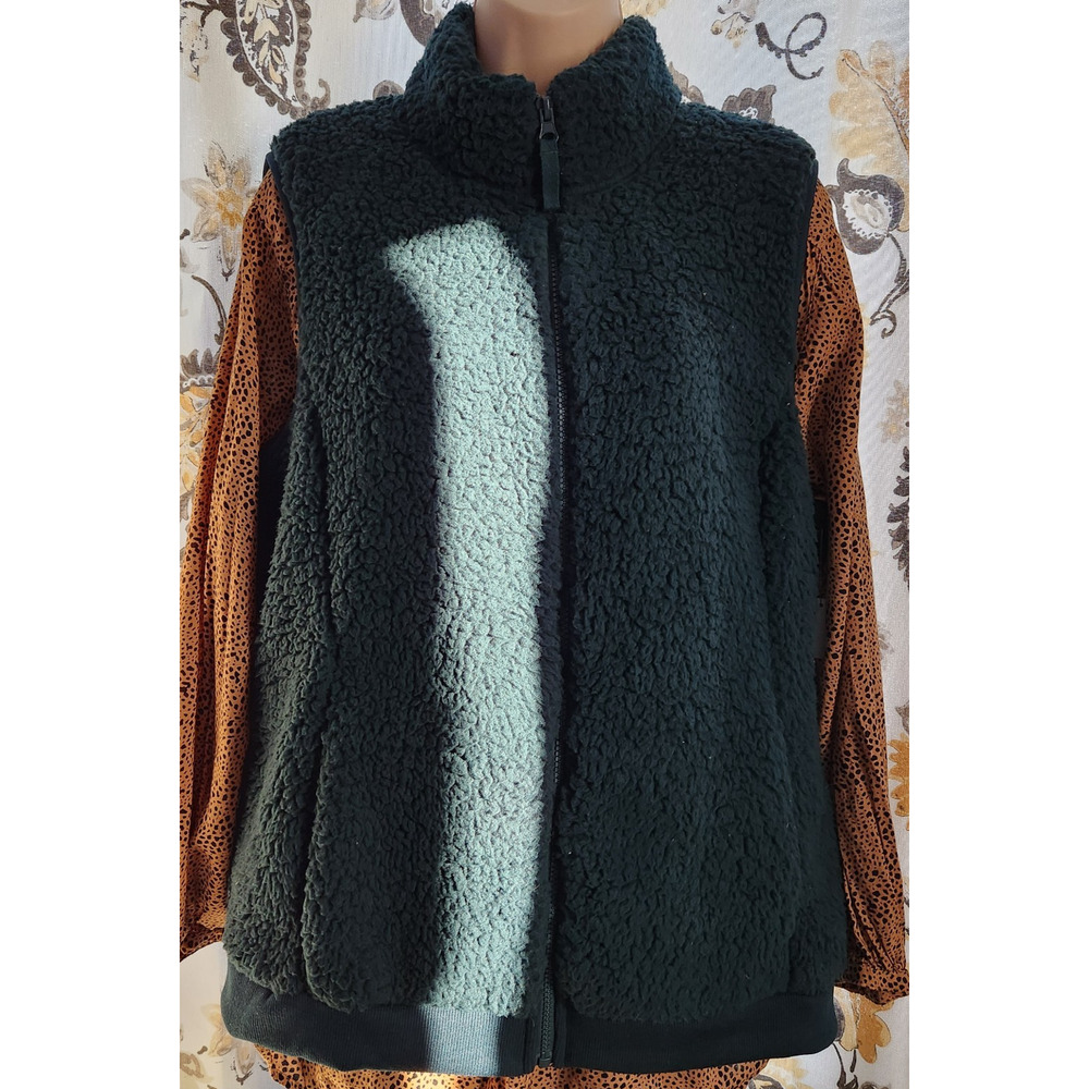 Time & Tru Sweater Vest Zip Front Women's Large Green Pockets Warm Light Weight